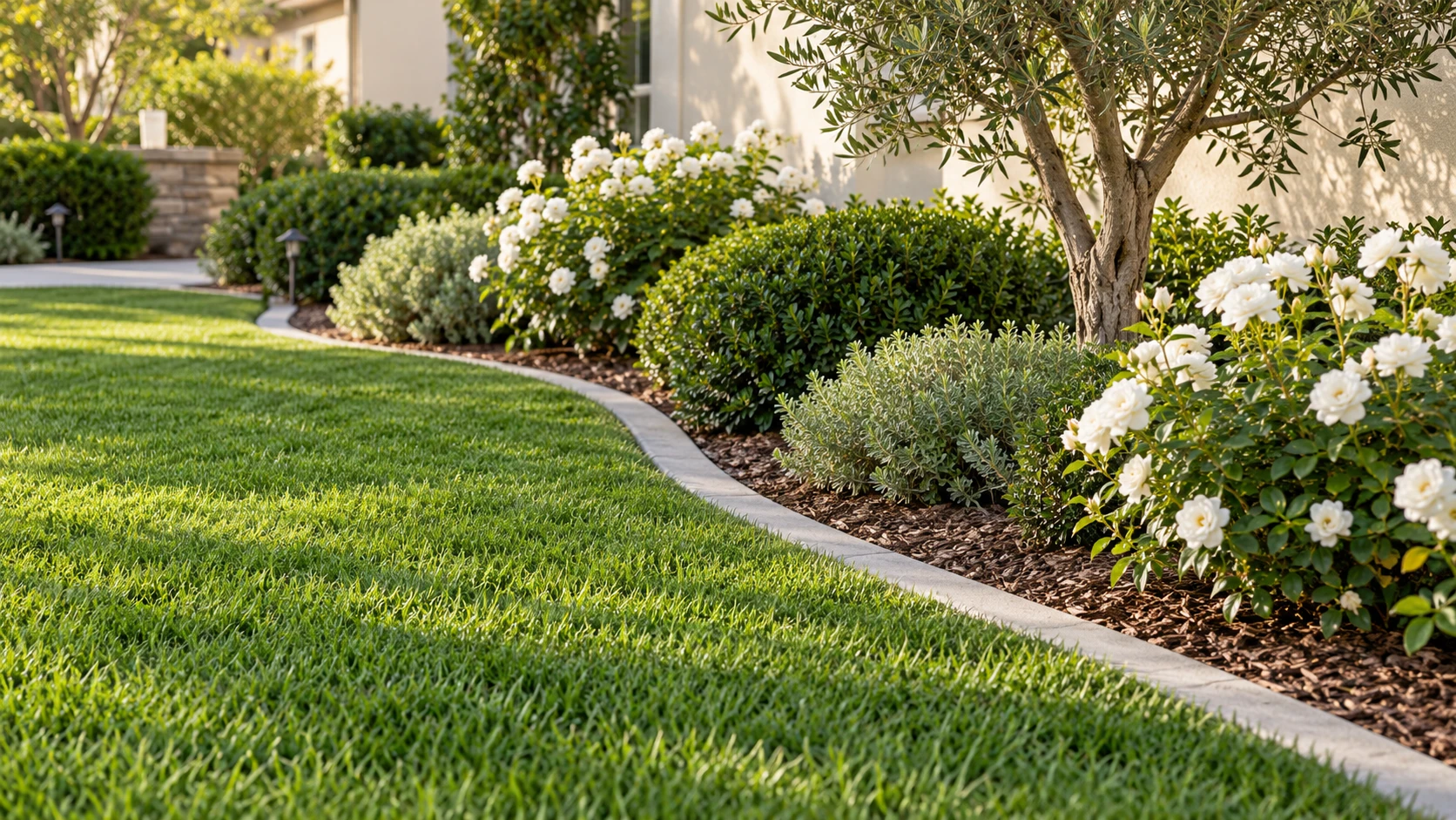 Clean garden edging and maintained shrubs
