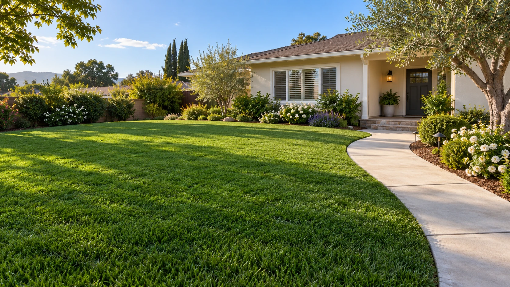 Green lawn and curved walkway at a modest Southern California home