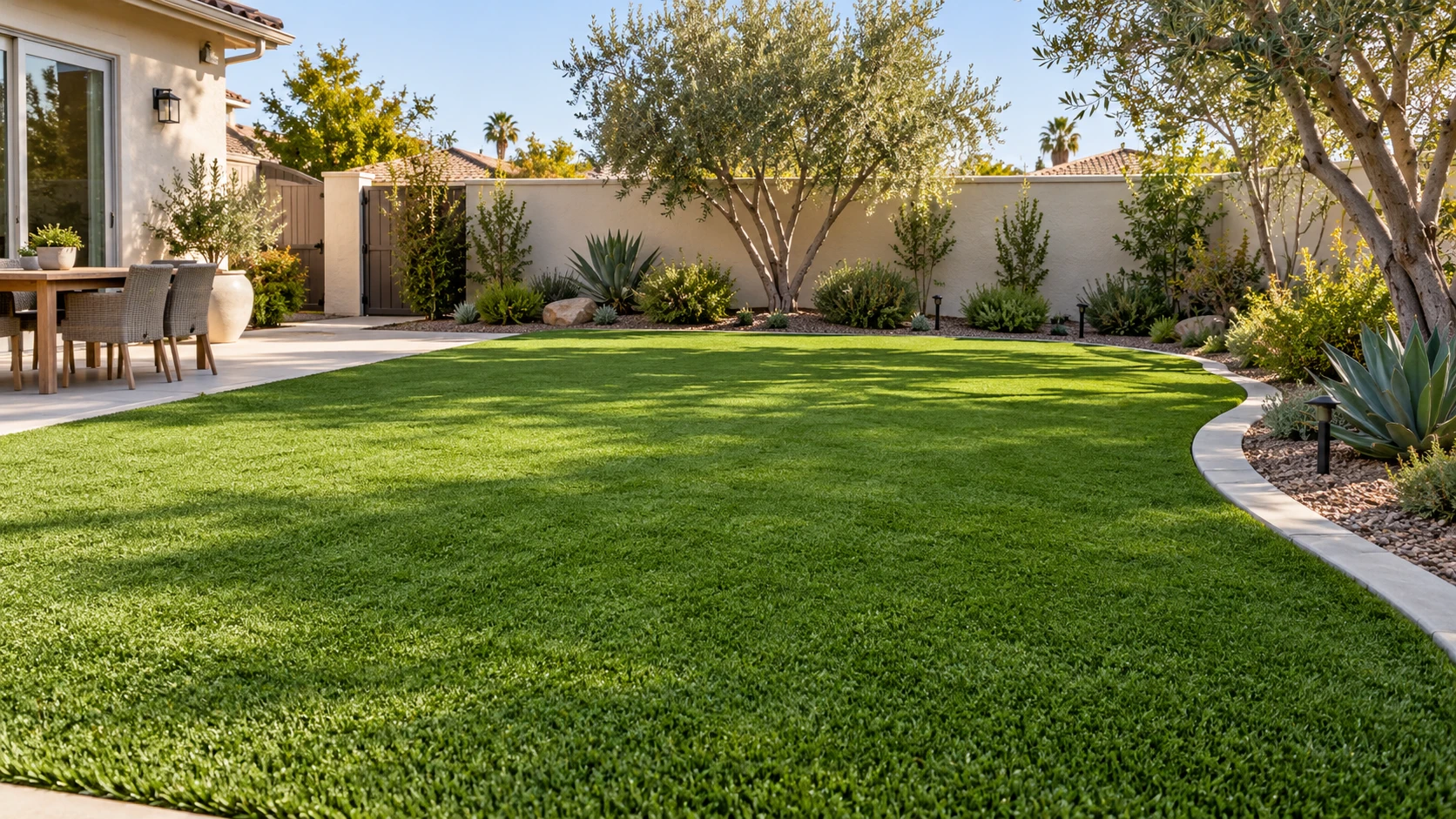 Artificial turf lawn in a residential backyard